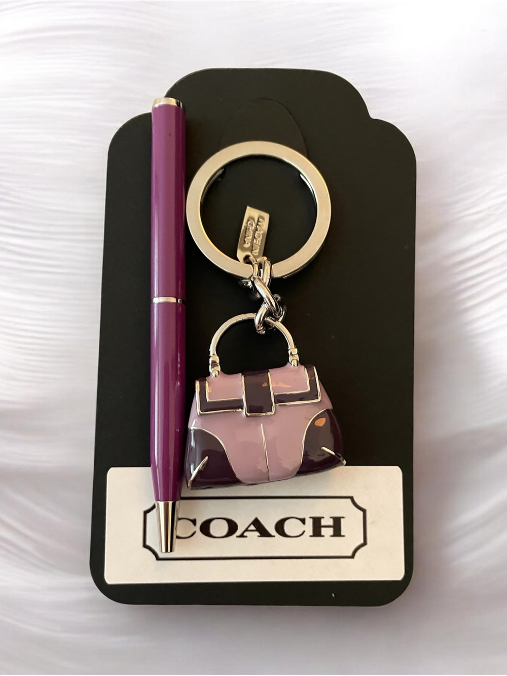 Coach Purple and Silver Bag Keychain with Purple Coach Pen